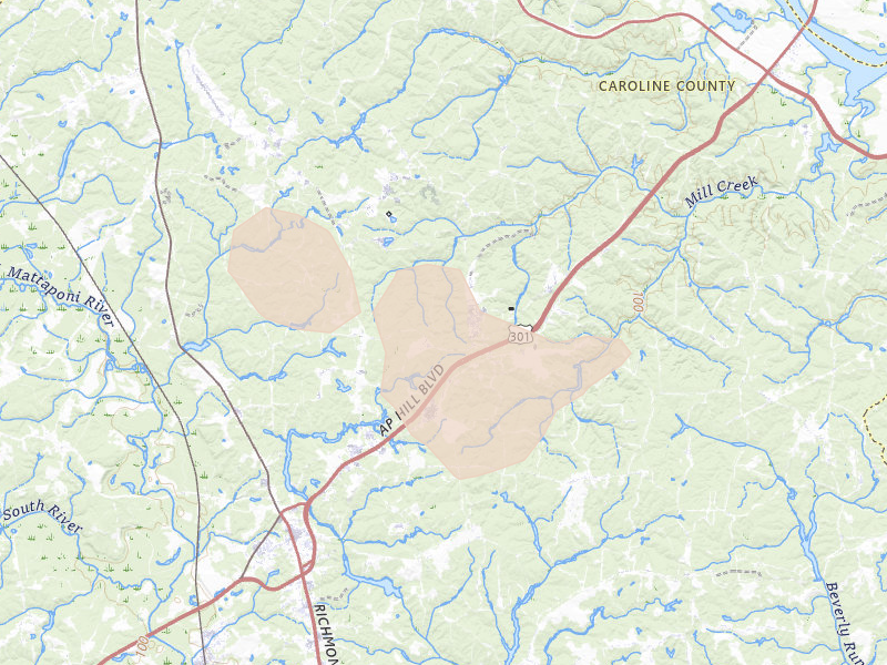 Radar-estimated hail-size map of the storm over Bowling Green, VA on Jul 5, 2026