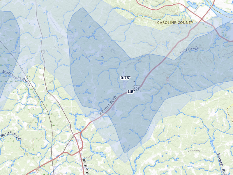 NEXRAD radar-signature map of the hail over Bowling Green, VA
