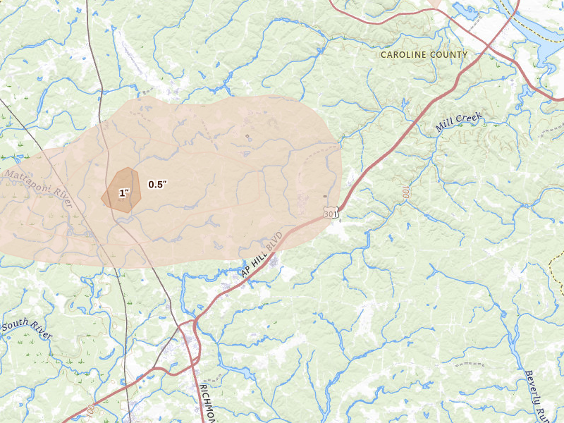 Radar-estimated hail-size map of the storm over Bowling Green, VA