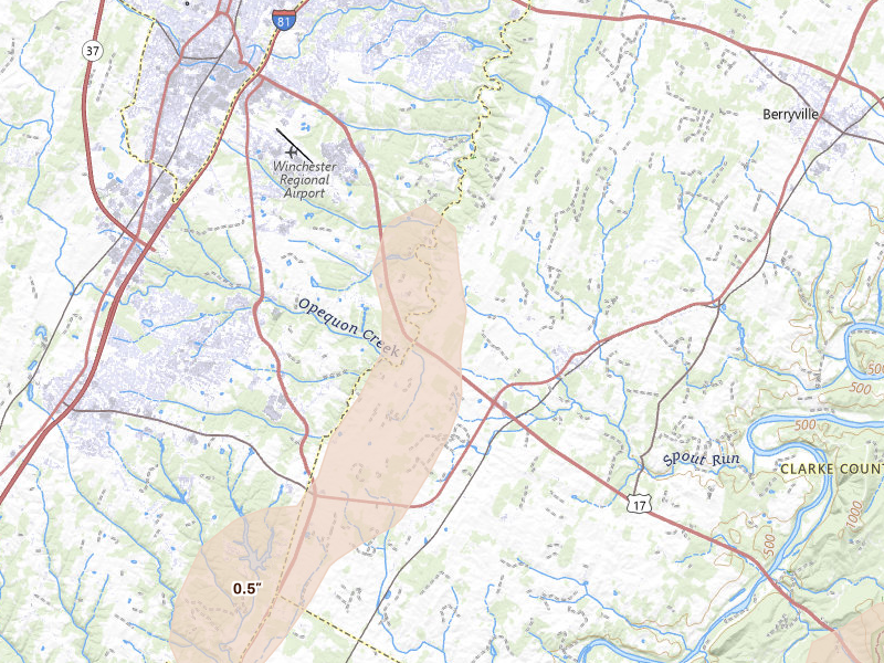 Radar-estimated hail-size map of the storm over Boyce, VA on May 20, 2026