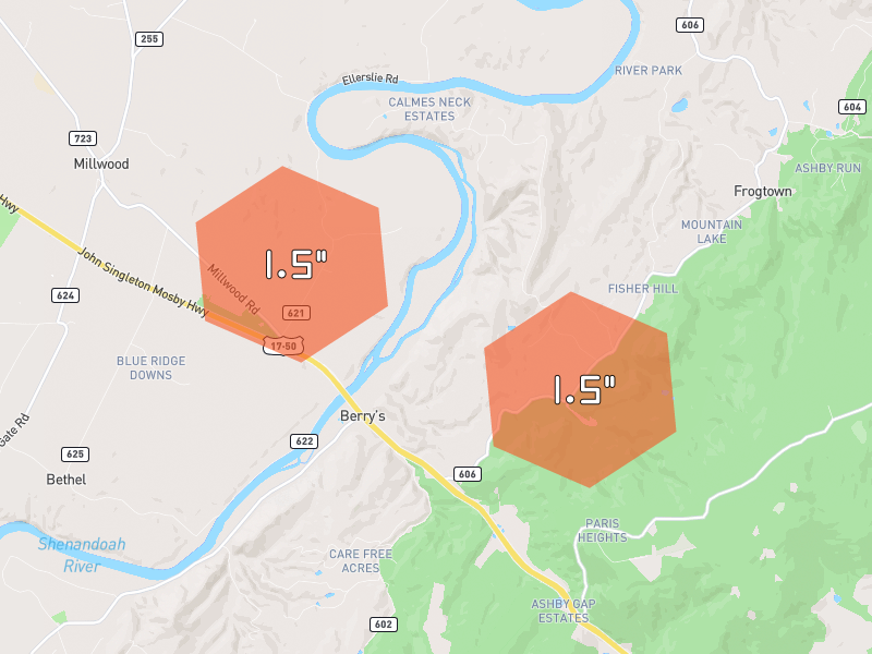 Hail map of Boyce, VA on Jul 28, 2026, hail up to 1.5"