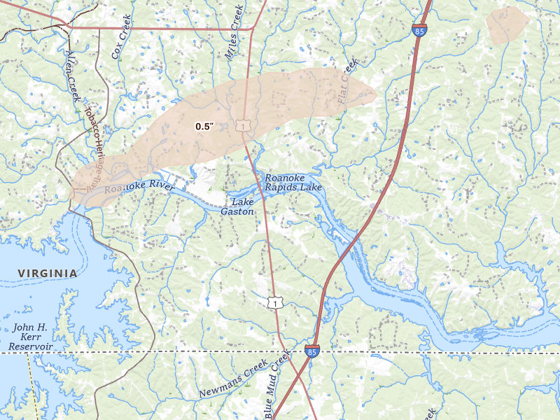 Radar-estimated hail-size map of the storm over Boydton, VA on Jun 23, 2026