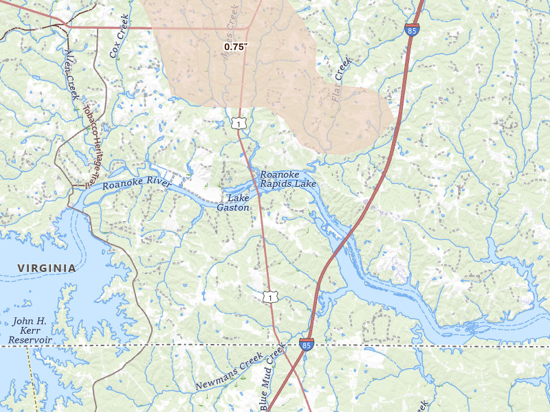Radar-estimated hail-size map of the storm over Boydton, VA on Jul 6, 2026