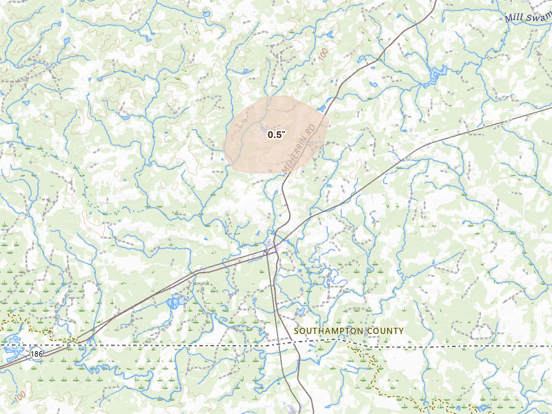 Radar-estimated hail-size map of the storm over Boykins, VA on Jun 27, 2026