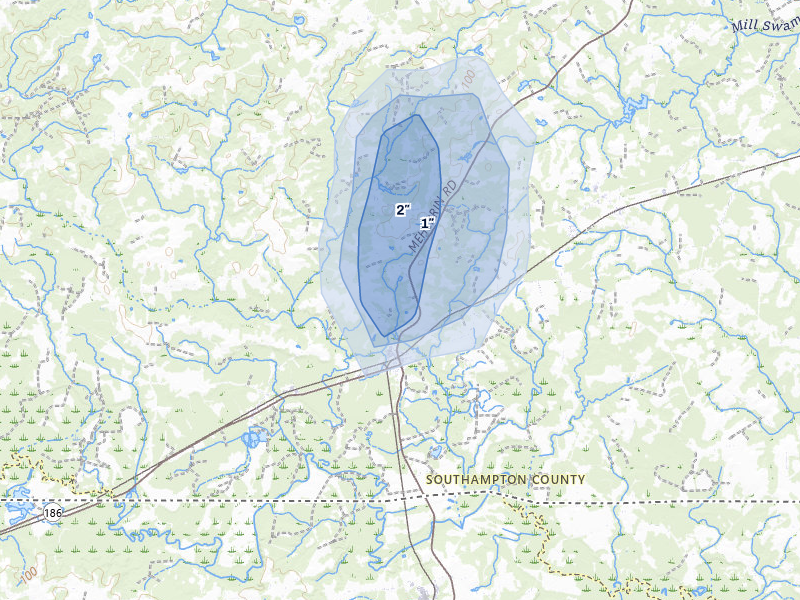 NEXRAD radar-signature map of the hail storm over Boykins, VA on Jun 27, 2026