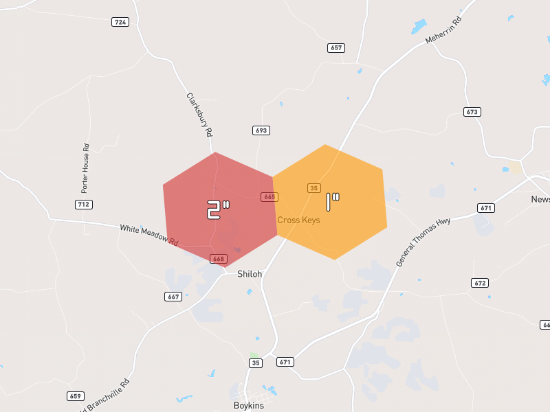 Hail map of Boykins, VA on Jun 27, 2026, hail up to 2"