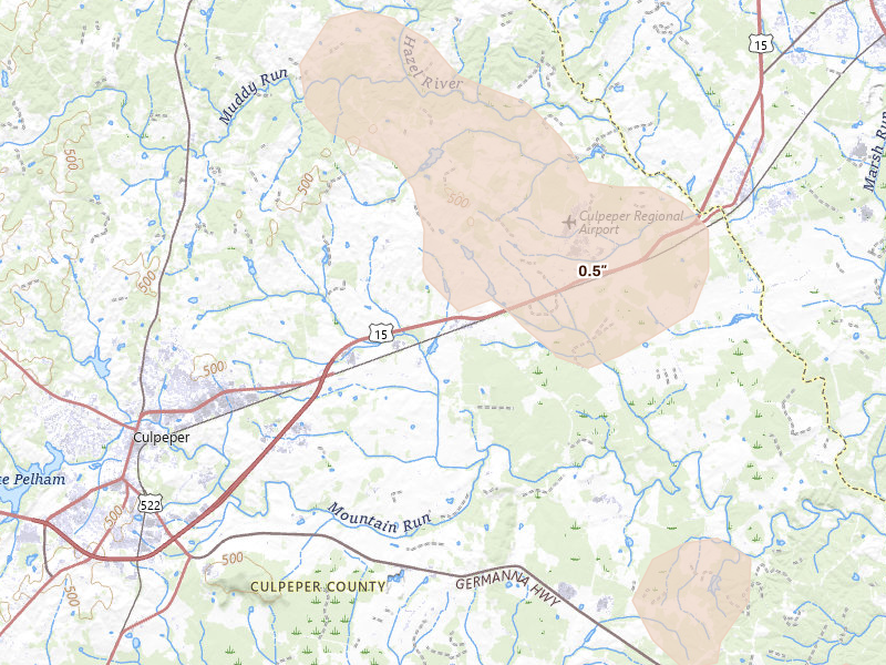Radar-estimated hail-size map of the storm over Brandy Station, VA on Jul 28, 2026