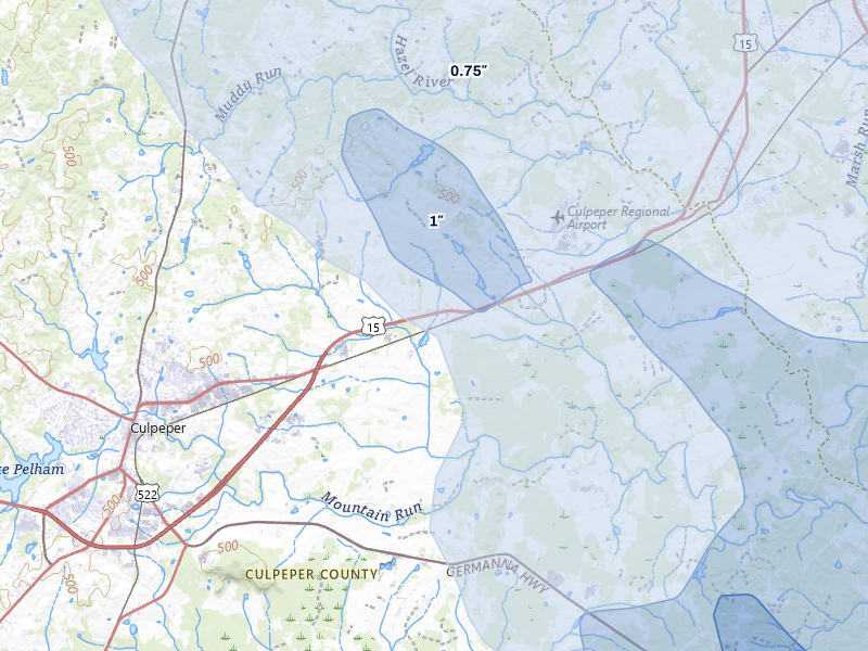 NEXRAD radar-signature map of the hail storm over Brandy Station, VA on Jul 28, 2026