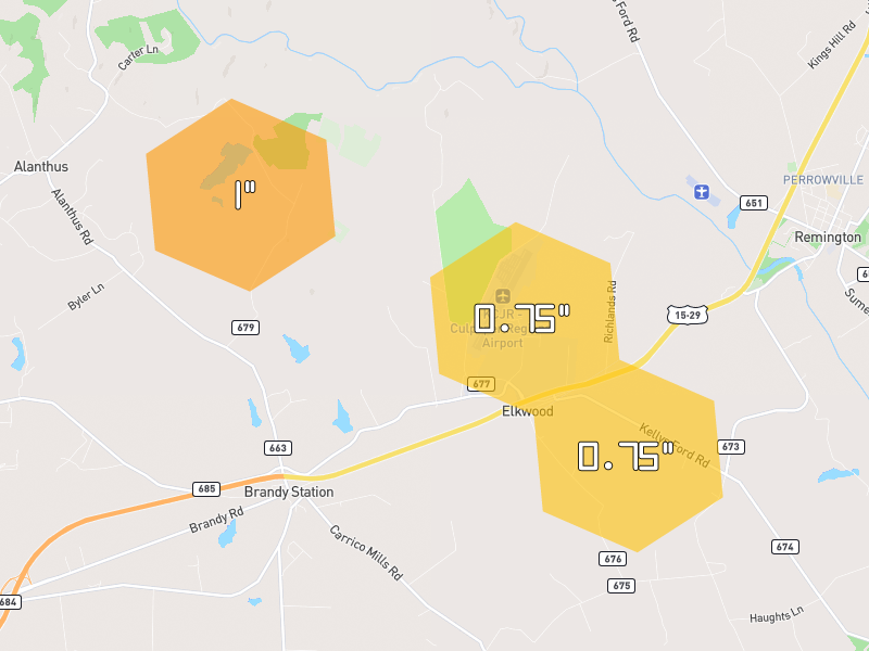 Hail map of Brandy Station, VA on Jul 28, 2026, hail up to 1"