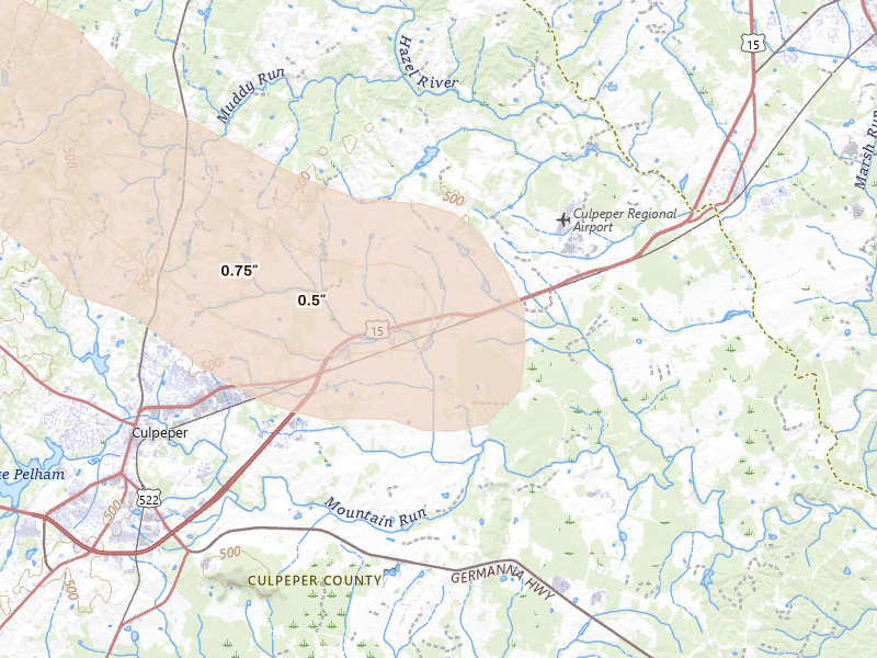 Radar-estimated hail-size map of the storm over Brandy Station, VA on Aug 8, 2026