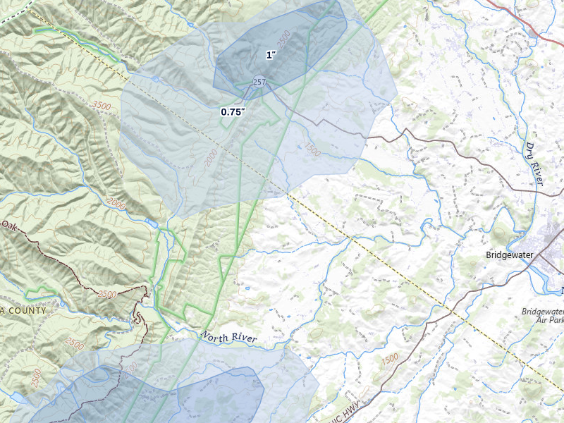 NEXRAD radar-signature map of the hail over Bridgewater, VA