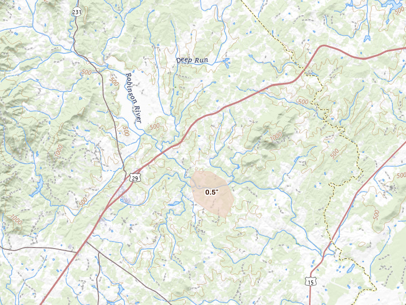 Radar-estimated hail-size map of the storm over Brightwood, VA on Jun 11, 2026