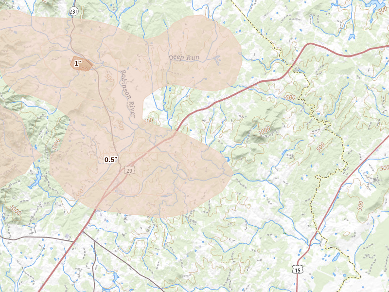 Radar-estimated hail-size map of the storm over Brightwood, VA on Jun 12, 2026