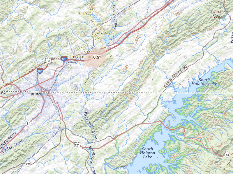 Radar-estimated hail-size map of the storm over Bristol, VA on Jul 6, 2026