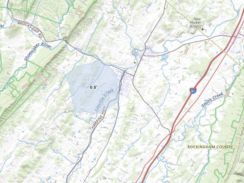 NEXRAD radar-signature map of the hail storm over Broadway, VA on May 13, 2026