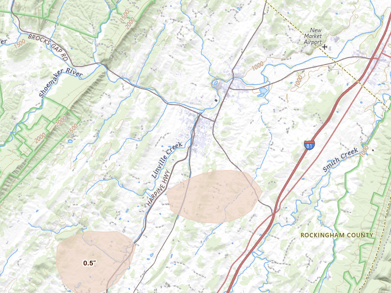 Radar-estimated hail-size map of the storm over Broadway, VA on Jul 4, 2026