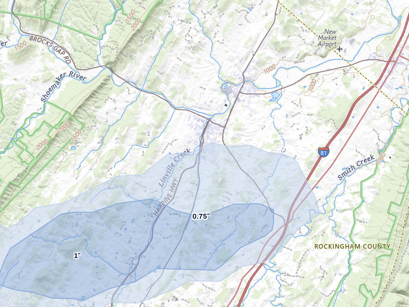 NEXRAD radar-signature map of the hail over Broadway, VA