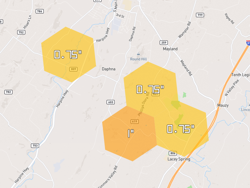 Hail map of Broadway, VA on Jul 4, 2026, hail up to 1"