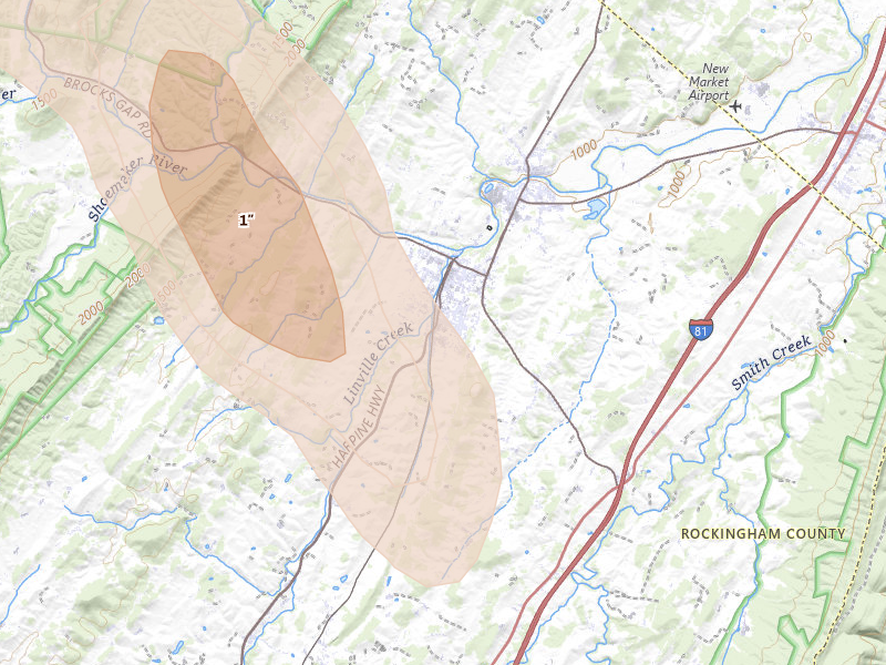Radar-estimated hail-size map of the storm over Broadway, VA