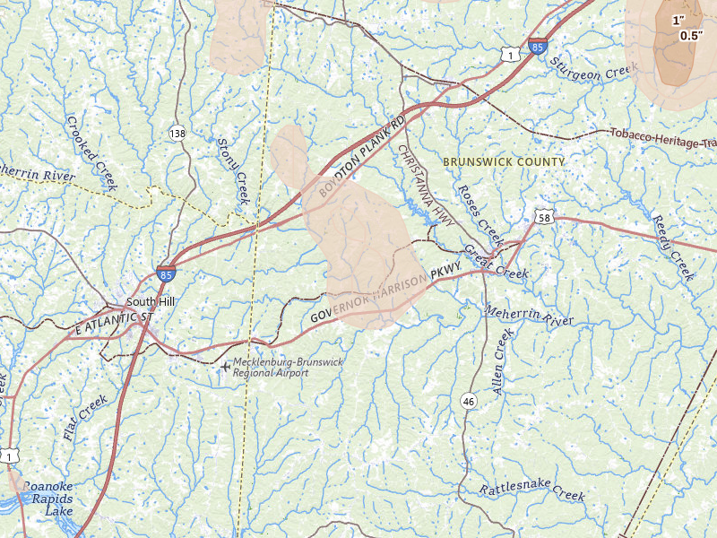 Radar-estimated hail-size map of the storm over Brodnax, VA on Sep 4, 2026