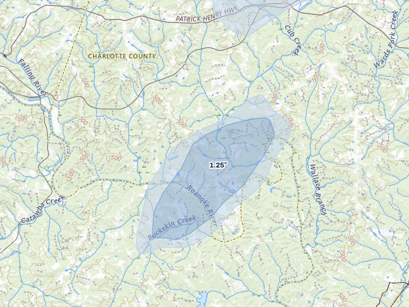 NEXRAD radar-signature map of the hail over Brookneal, VA