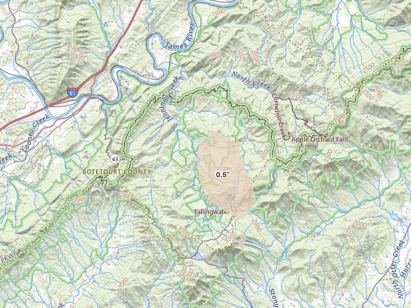 Radar-estimated hail-size map of the storm over Buchanan, VA on Sep 4, 2026