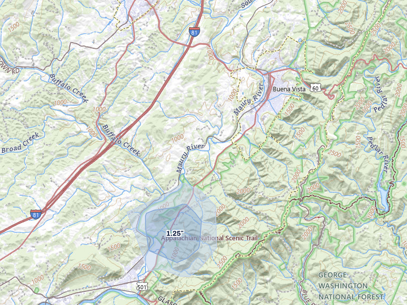 NEXRAD radar-signature map of the hail over Buena Vista, VA