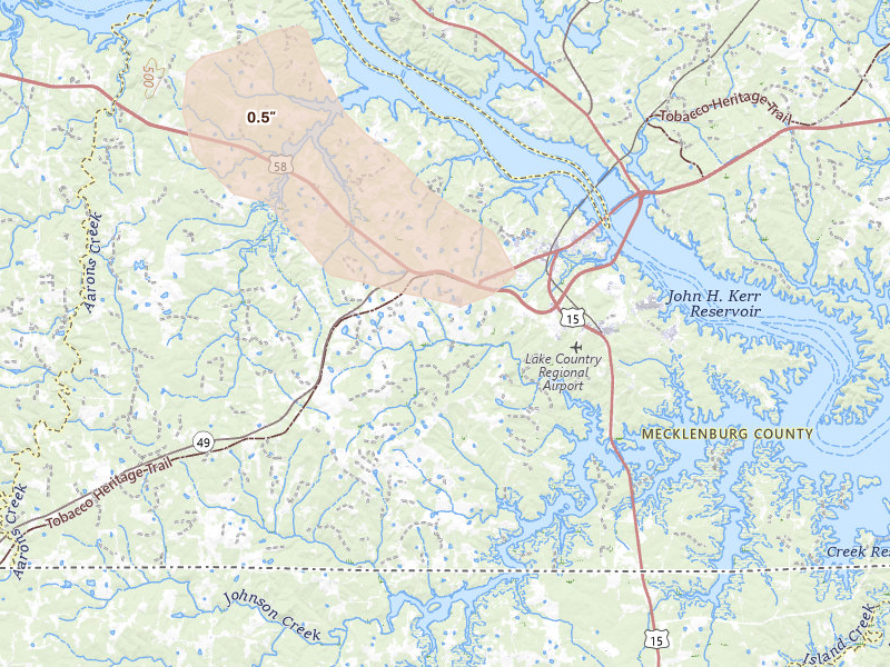 Radar-estimated hail-size map of the storm over Buffalo Junction, VA on Jun 10, 2026