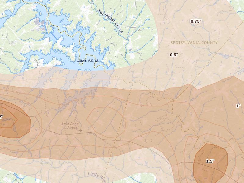 Radar-estimated hail-size map of the storm over Bumpass, VA on Jul 26, 2026