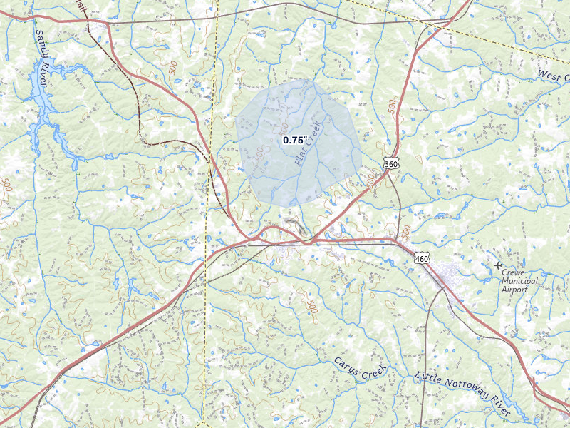 NEXRAD radar-signature map of the hail storm over Burkeville, VA on Jul 10, 2026