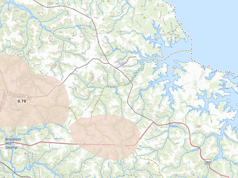 Radar-estimated hail-size map of the storm over Callao, VA on May 27, 2026