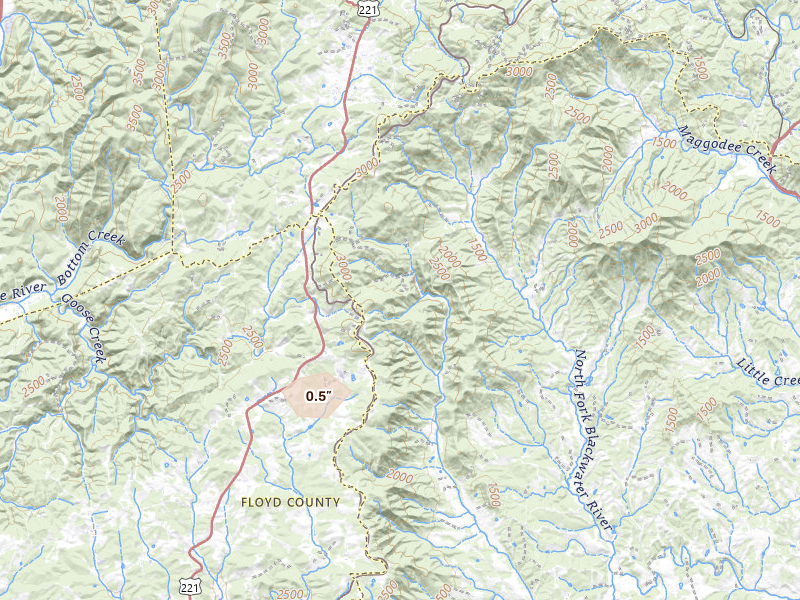 Radar-estimated hail-size map of the storm over Callaway, VA on Jul 21, 2026