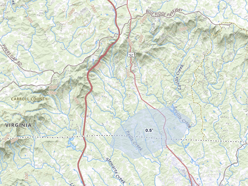 NEXRAD radar-signature map of the hail storm over Cana, VA on Jul 8, 2026