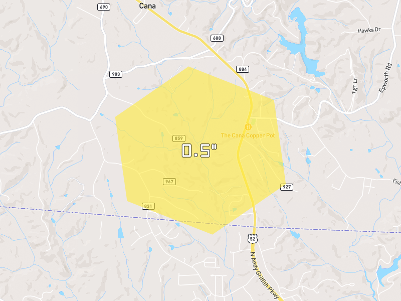 Hail map of Cana, VA on Jul 8, 2026, hail up to 0.5"