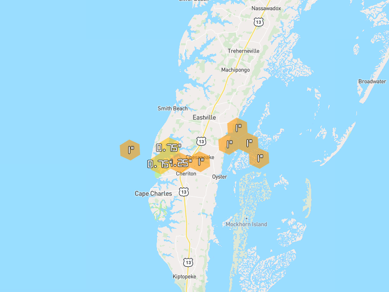 Hail map of Cape Charles, VA on Jun 27, 2026, hail up to 1.25"