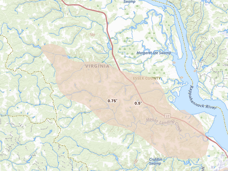 Radar-estimated hail-size map of the storm over Caret, VA on Jul 28, 2026