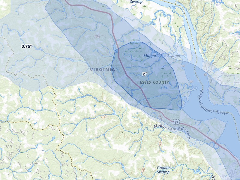 NEXRAD radar-signature map of the hail storm over Caret, VA on Jul 28, 2026