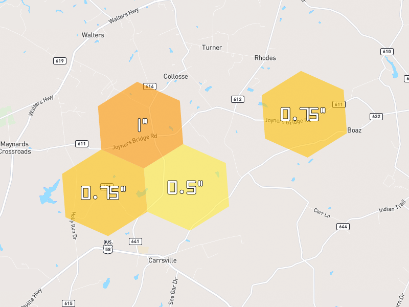 Hail map of Carrsville, VA on Jun 27, 2026, hail up to 1"