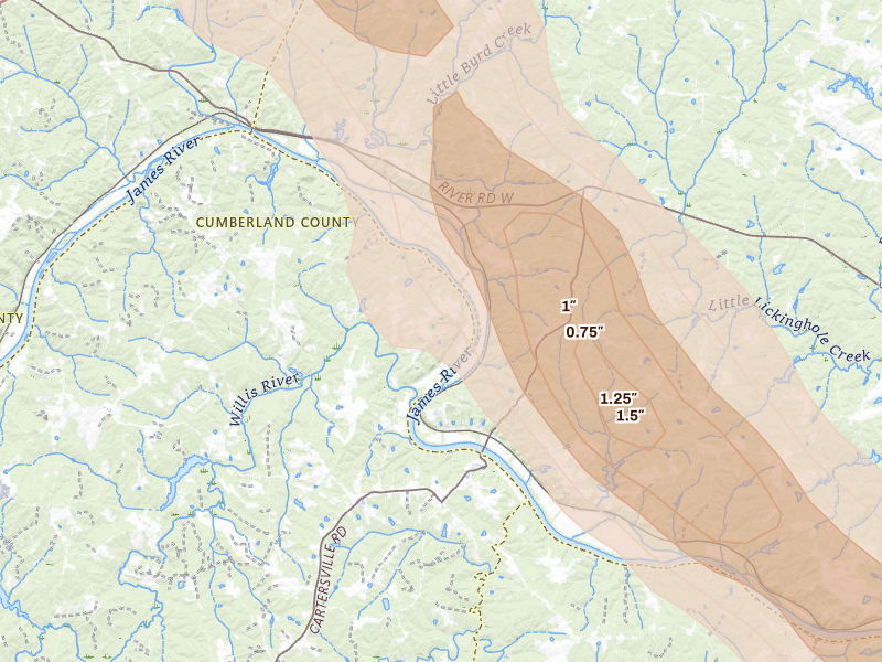 Radar-estimated hail-size map of the storm over Cartersville, VA on Aug 14, 2026