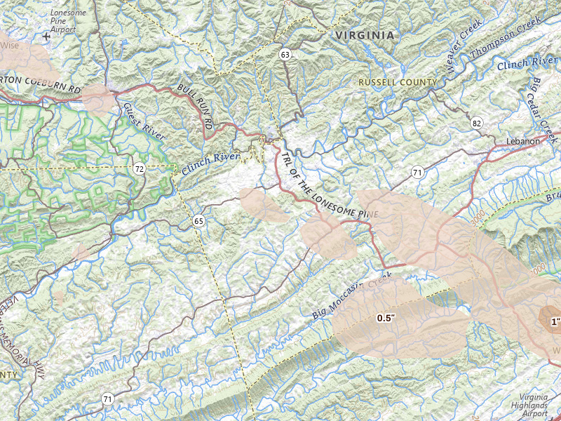 Radar-estimated hail-size map of the storm over Castlewood, VA on Aug 17, 2026