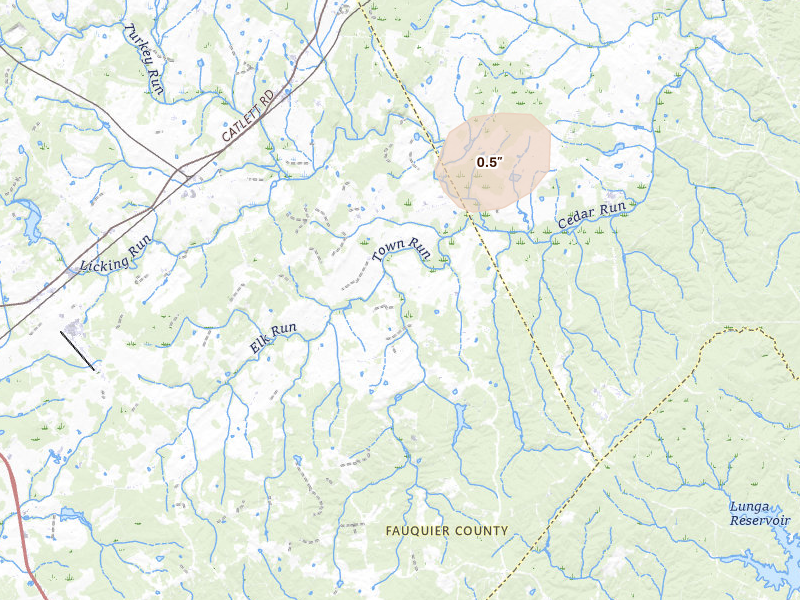 Radar-estimated hail-size map of the storm over Catlett, VA on Jul 4, 2026
