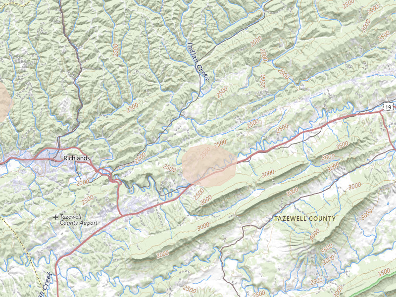 Radar-estimated hail-size map of the storm over Cedar Bluff, VA on Aug 15, 2026