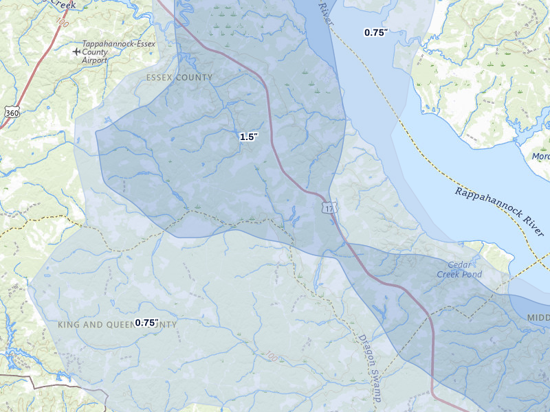 NEXRAD radar-signature map of the hail storm over Center Cross, VA on Jul 28, 2026
