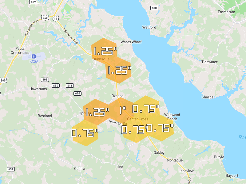 Hail map of Center Cross, VA on Jul 29, 2026, hail up to 1.25"