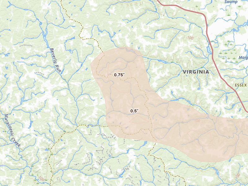 Radar-estimated hail-size map of the storm over Champlain, VA on Jun 12, 2026