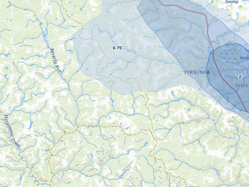NEXRAD radar-signature map of the hail storm over Champlain, VA on Jul 28, 2026