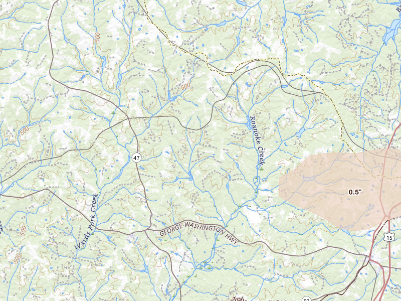 Radar-estimated hail-size map of the storm over Charlotte Court House, VA on Apr 25, 2026