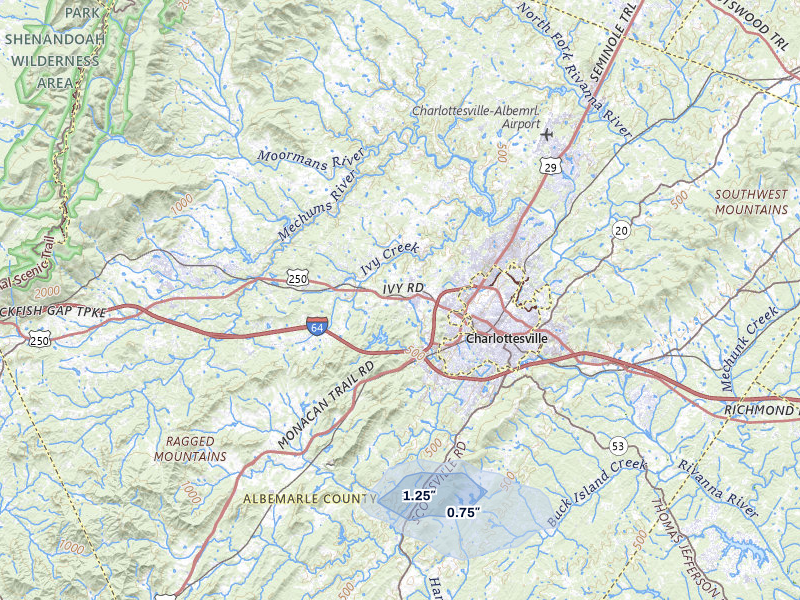 NEXRAD radar-signature map of the hail storm over Charlottesville, VA on May 27, 2026