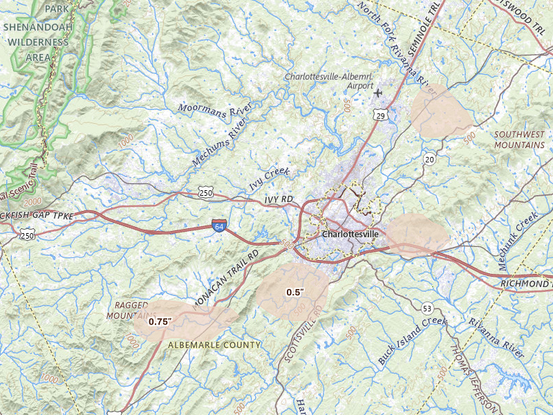 Radar-estimated hail-size map of the storm over Charlottesville, VA on Jun 12, 2026