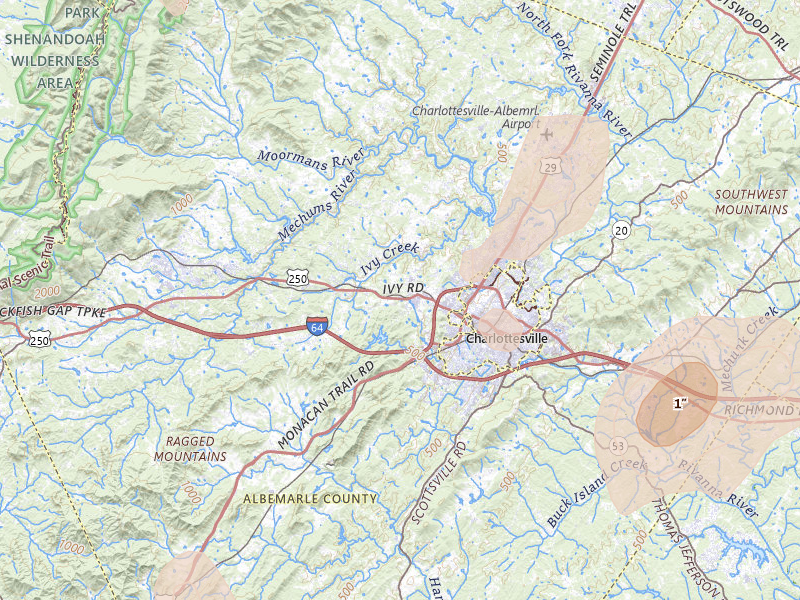 Radar-estimated hail-size map of the storm over Charlottesville, VA on Jul 4, 2026